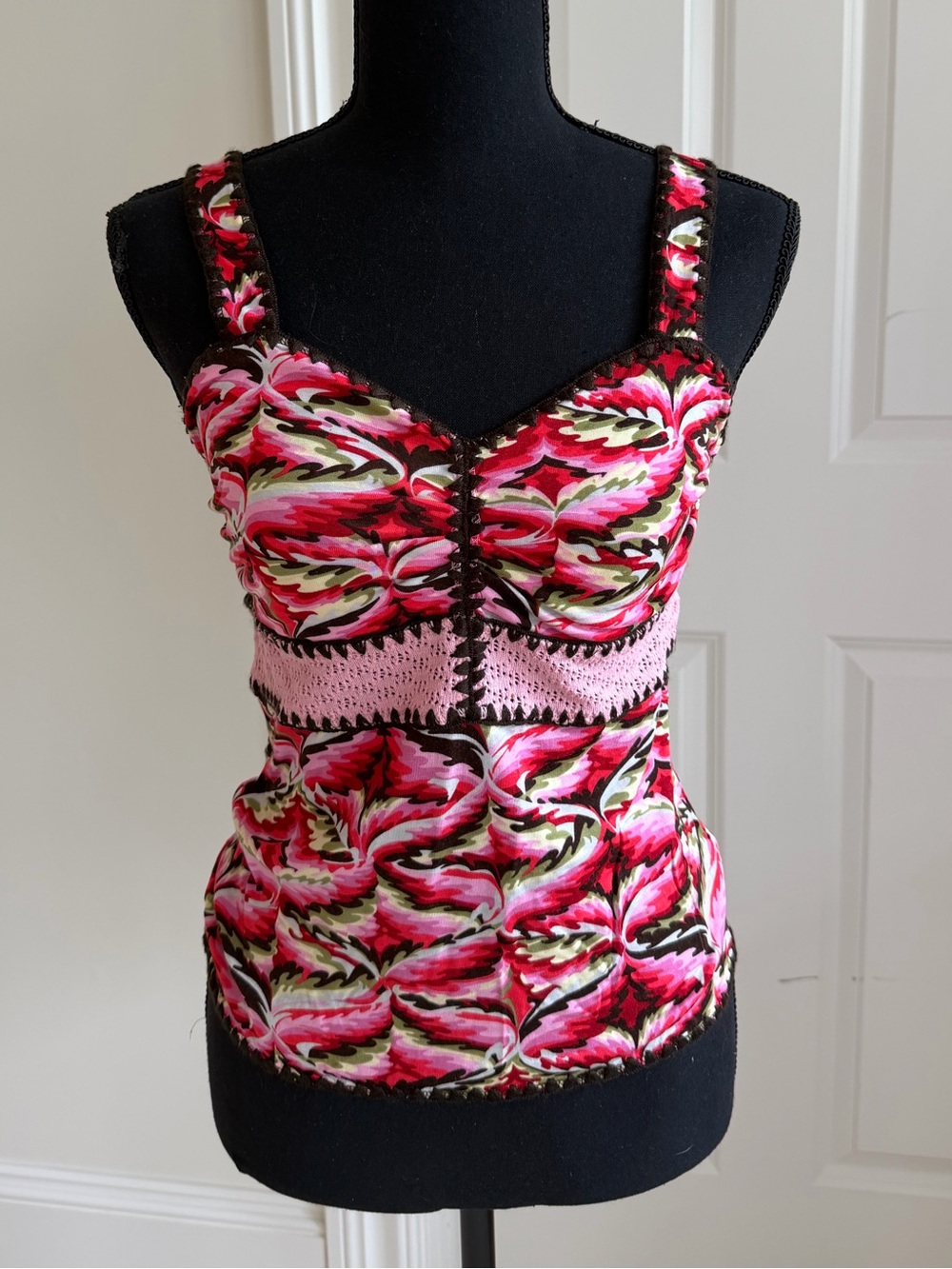 Etcetera Pink Patterned Crochet-Trim Tank, XS